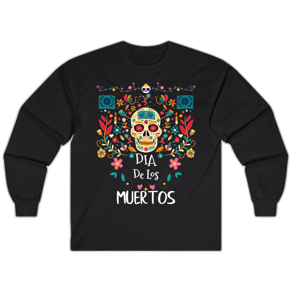 Vibrant Día de los Muertos Calavera Floral Design Long Sleeve in Black