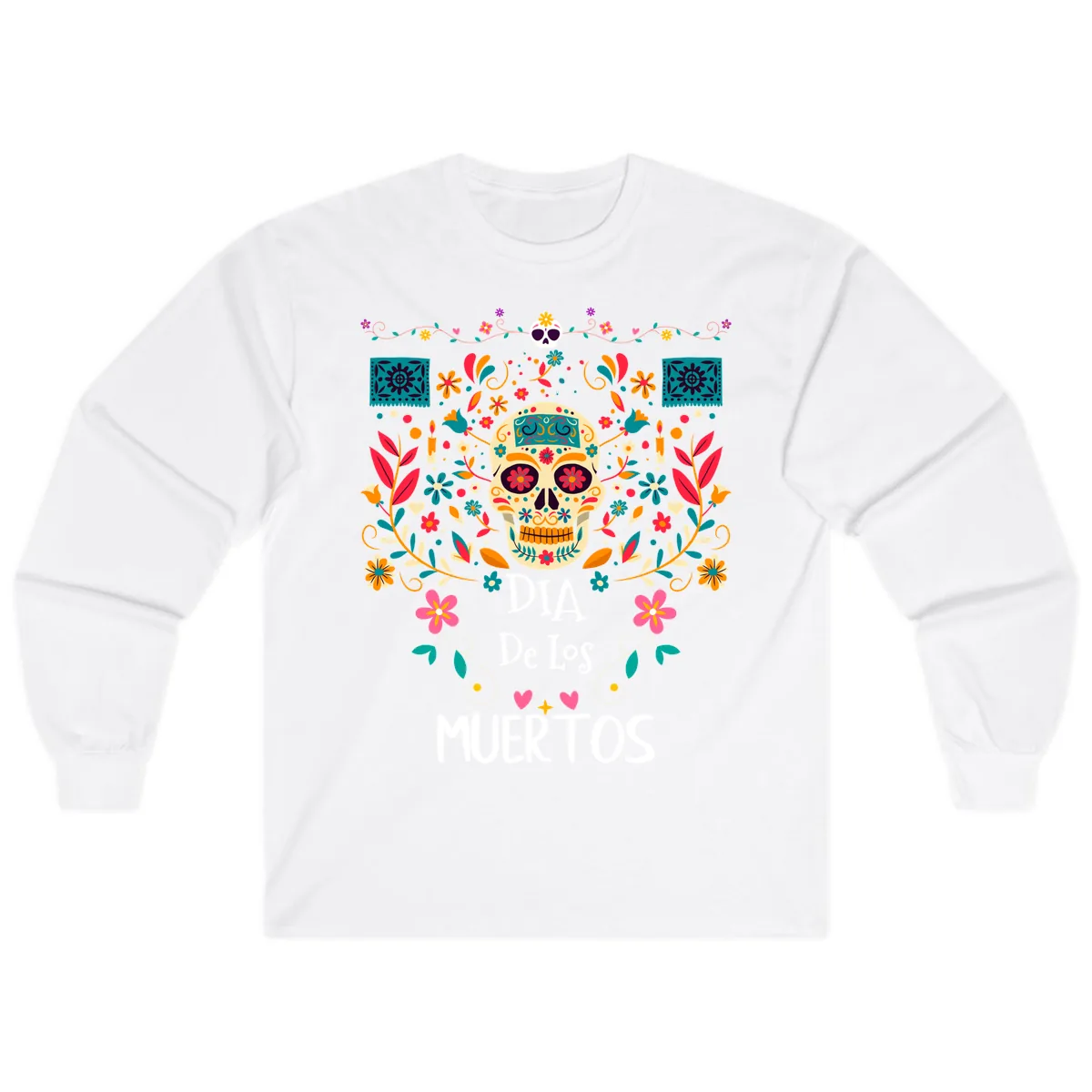 Vibrant Día de los Muertos Calavera Floral Design Long Sleeve in White