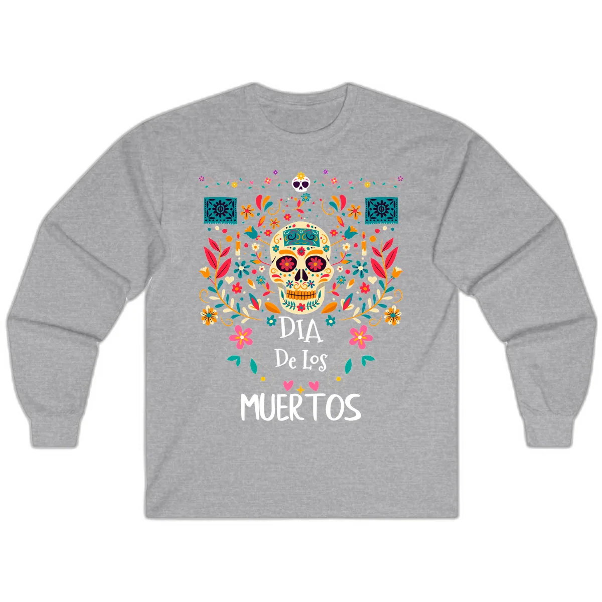 Vibrant Día de los Muertos Calavera Floral Design Long Sleeve in Sport Grey