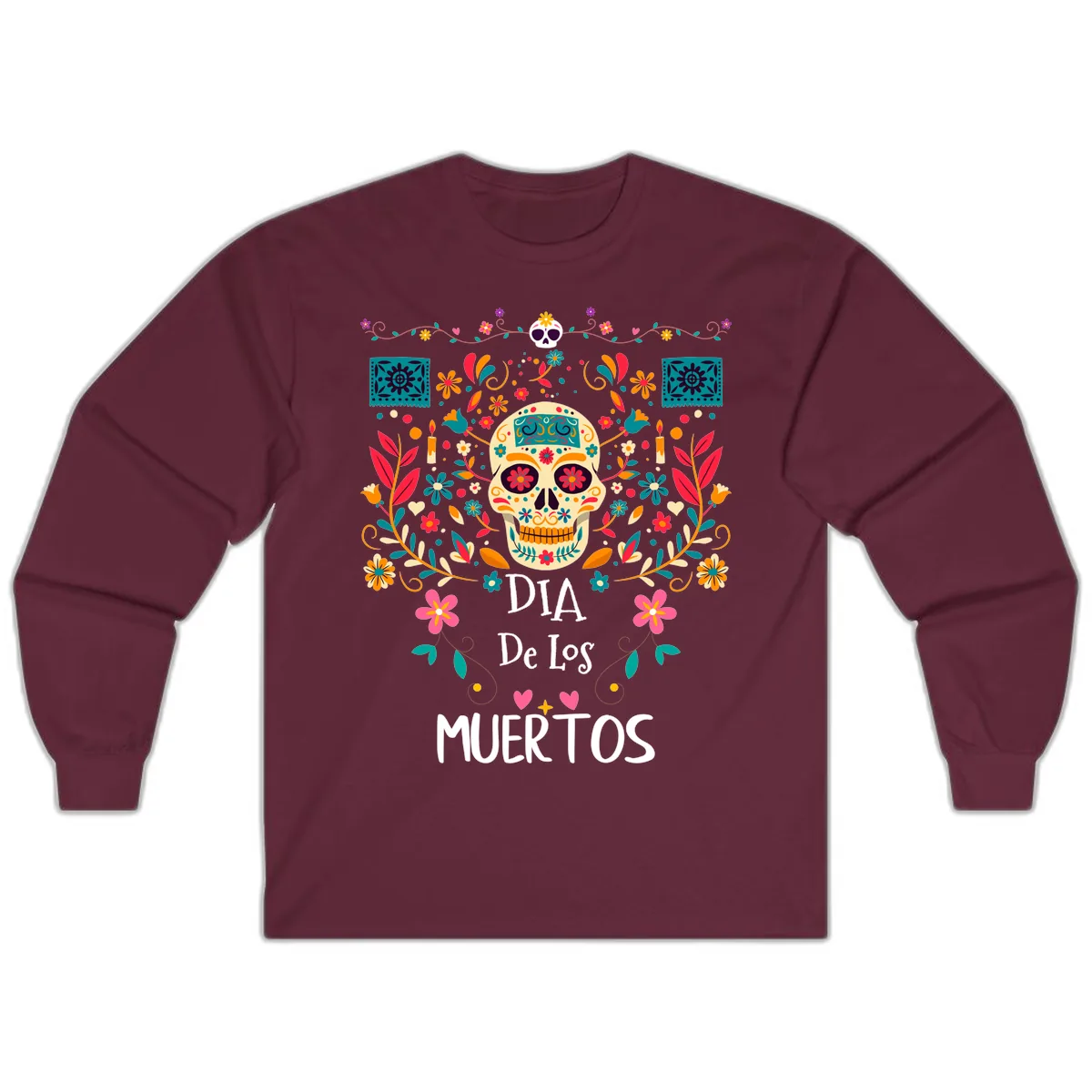Vibrant Día de los Muertos Calavera Floral Design Long Sleeve in Maroon