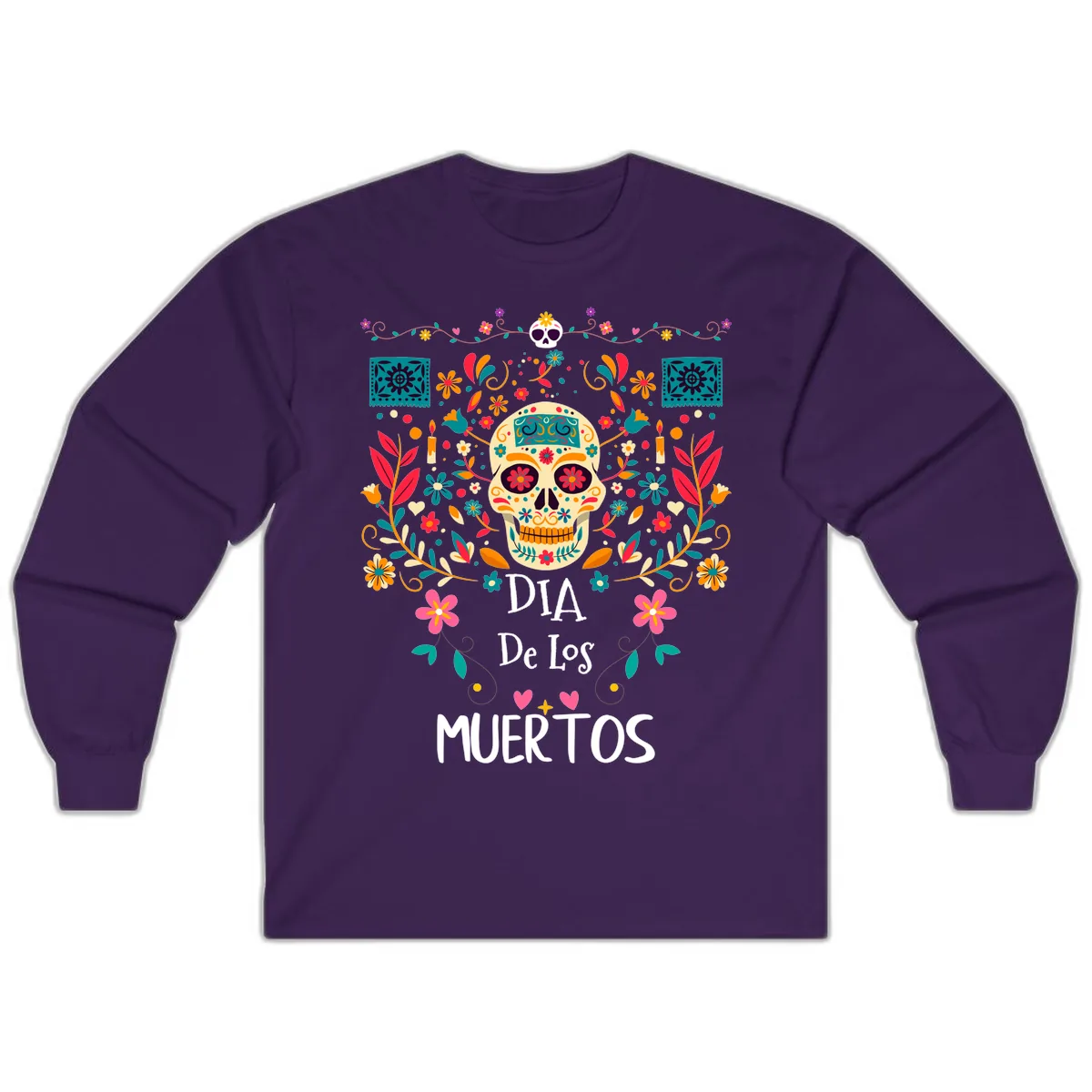 Vibrant Día de los Muertos Calavera Floral Design Long Sleeve in Purple