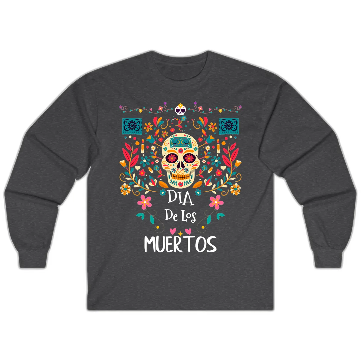 Vibrant Día de los Muertos Calavera Floral Design Long Sleeve in Dark Heather