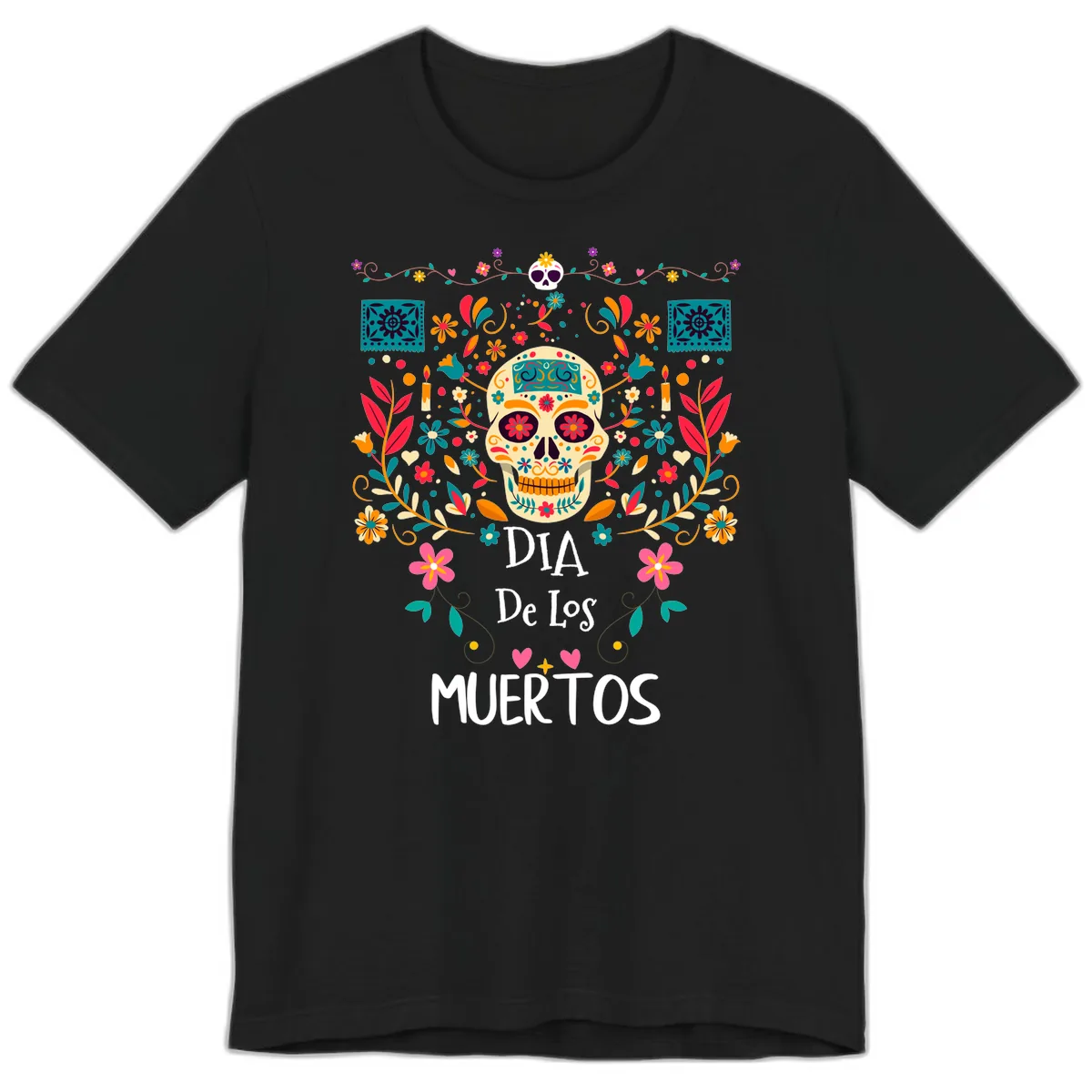 Vibrant Día de los Muertos Calavera Floral Design Premium T-Shirt in Black