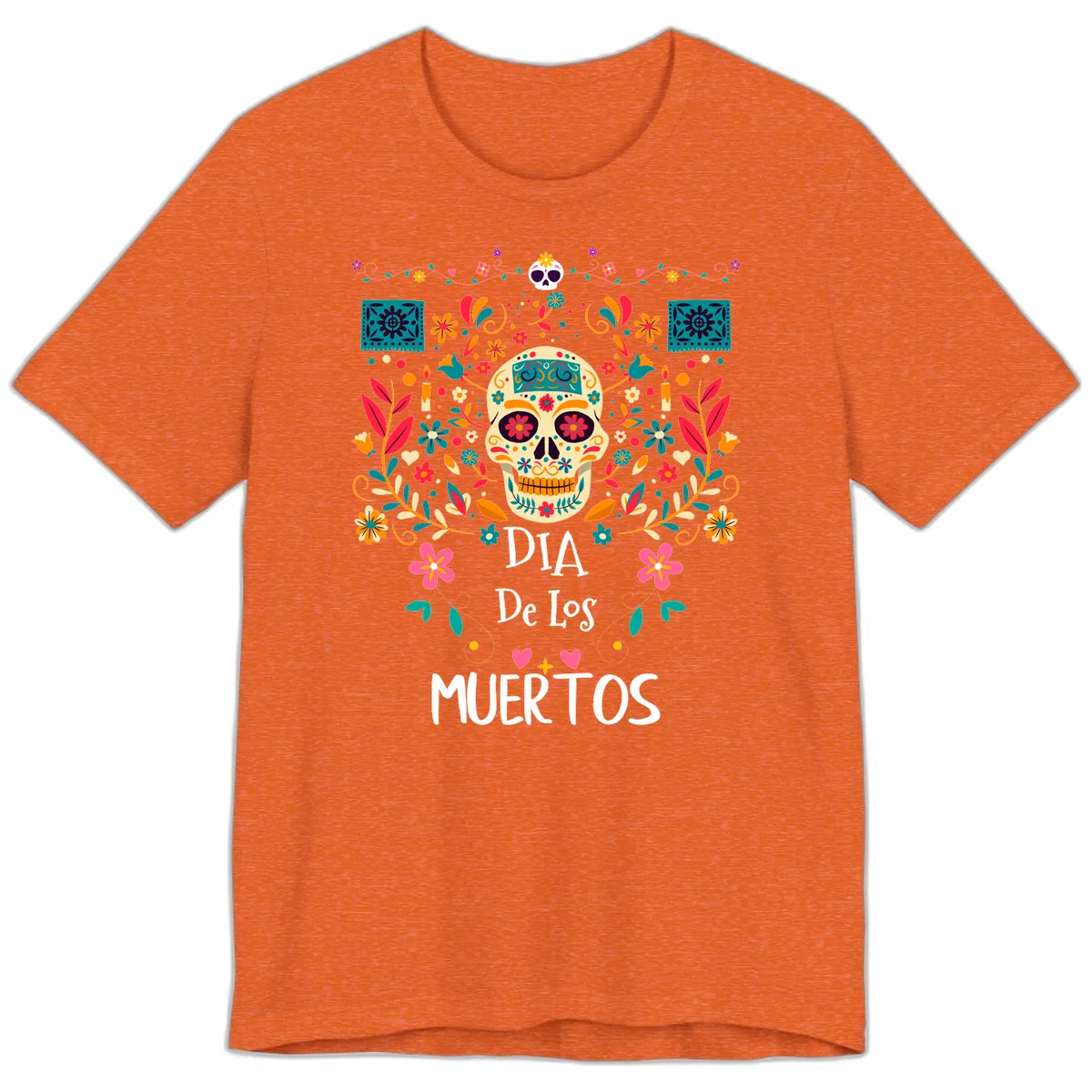 Vibrant Día de los Muertos Calavera Floral Design Premium T-Shirt in Heather Orange