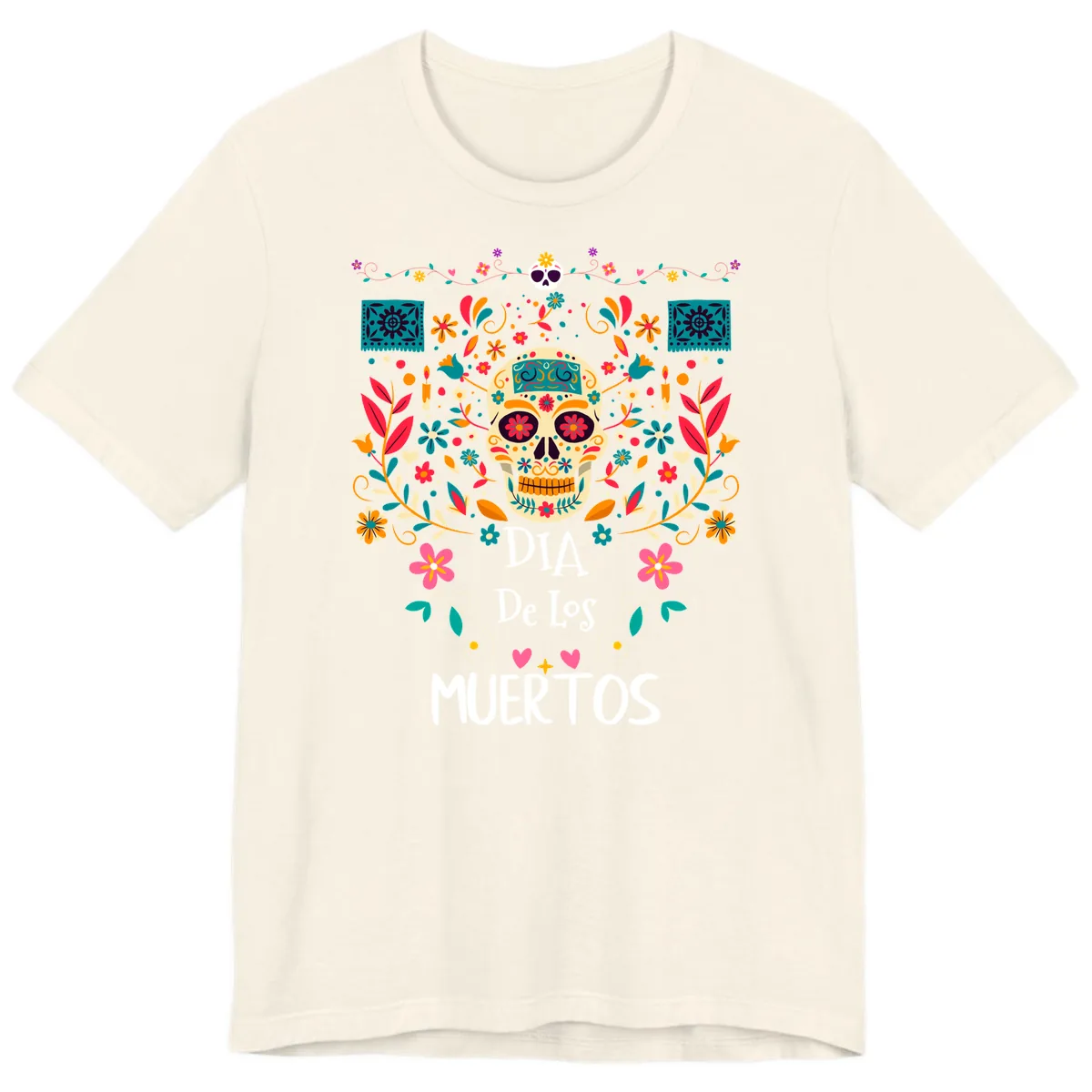 Vibrant Día de los Muertos Calavera Floral Design Premium T-Shirt in Natural