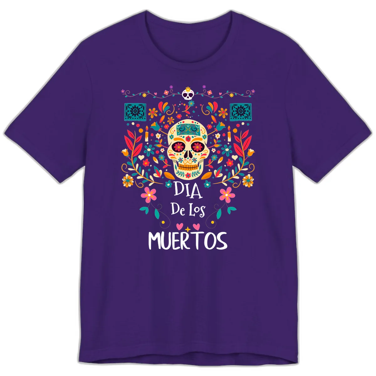 Vibrant Día de los Muertos Calavera Floral Design Premium T-Shirt in Team Purple
