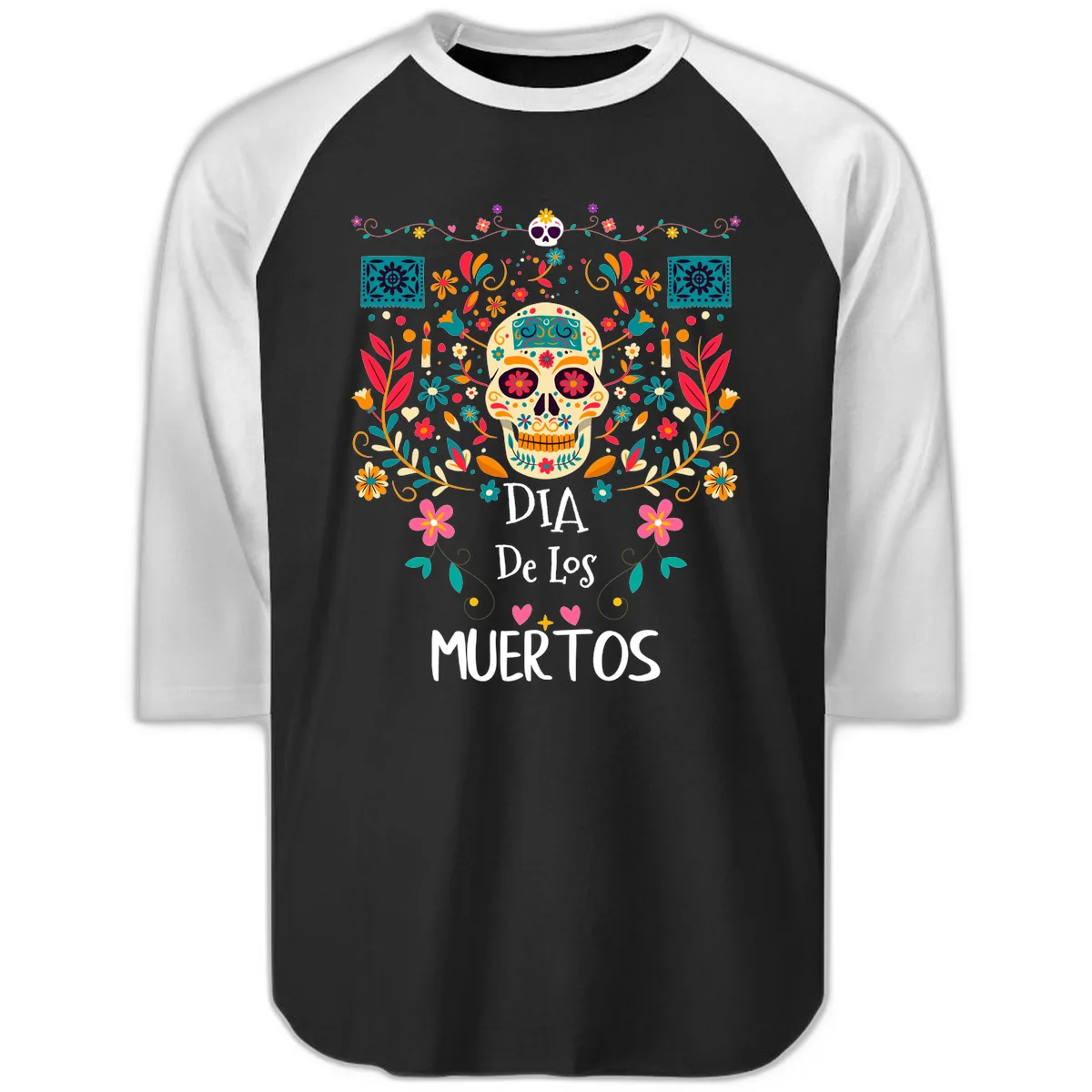 Vibrant Día de los Muertos Calavera Floral Design Raglan 3/4 in Black White