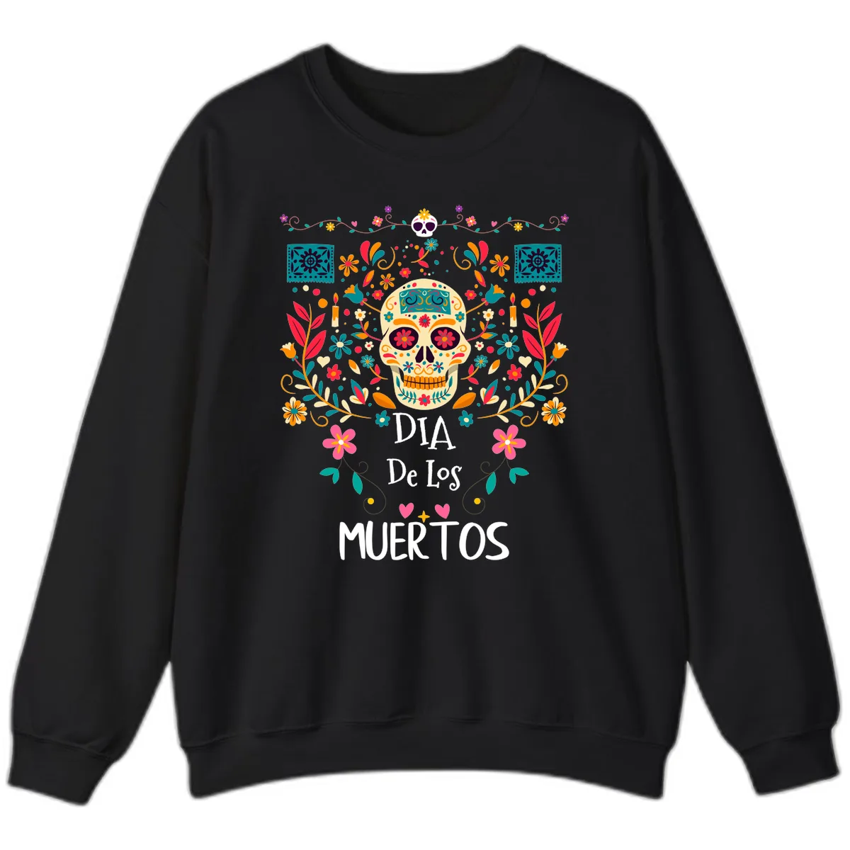 Vibrant Día de los Muertos Calavera Floral Design Sweatshirt in Black