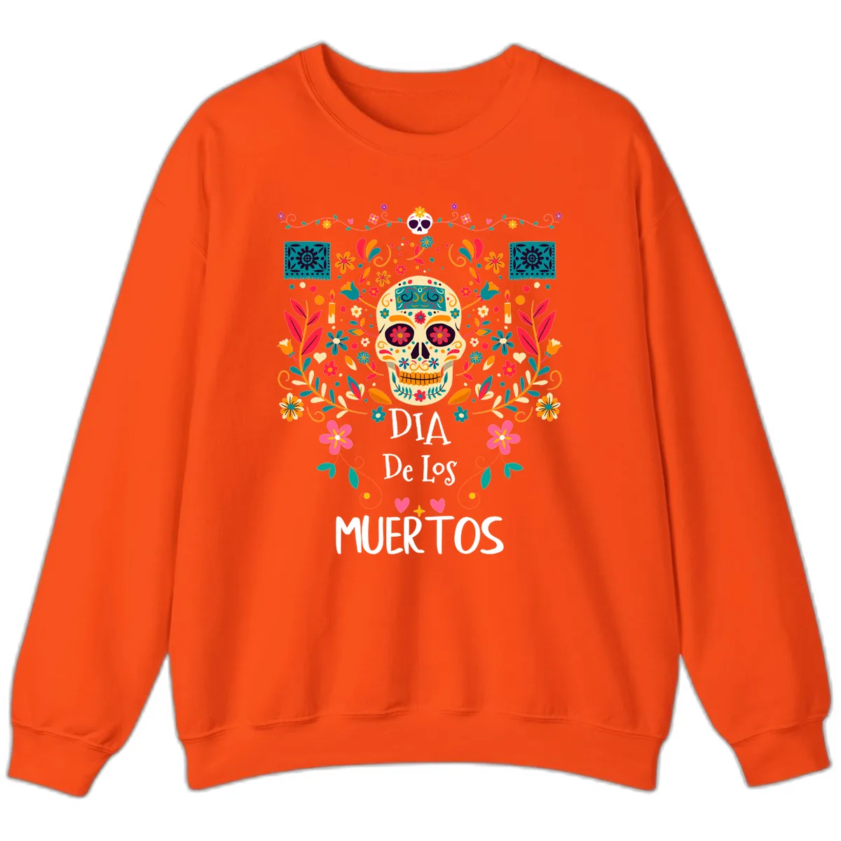 Vibrant Día de los Muertos Calavera Floral Design Sweatshirt in Orange