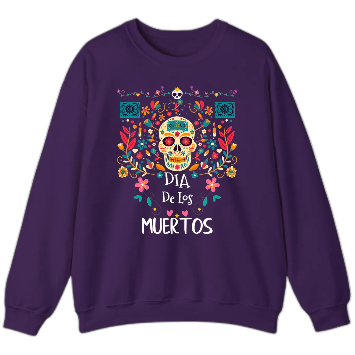 Vibrant Día de los Muertos Calavera Floral Design Sweatshirt in Purple