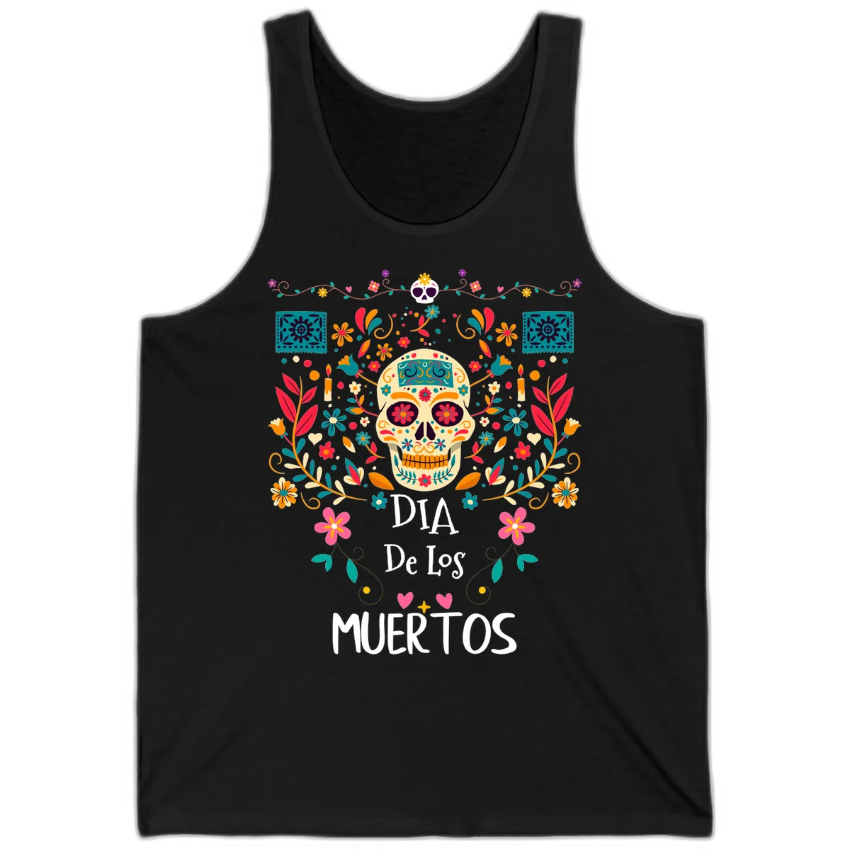 Vibrant Día de los Muertos Calavera Floral Design Tank in Black