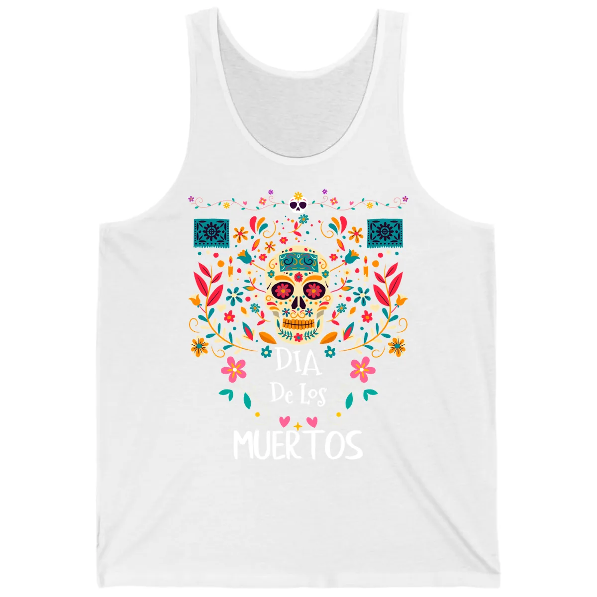 Vibrant Día de los Muertos Calavera Floral Design Tank in White