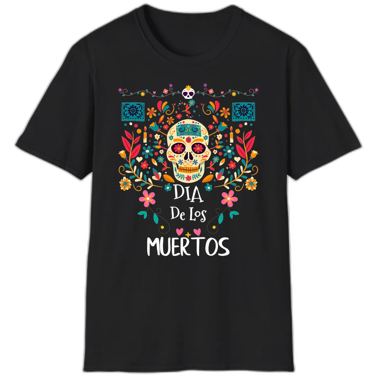 Vibrant Día de los Muertos Calavera Floral Design T-Shirt in Black