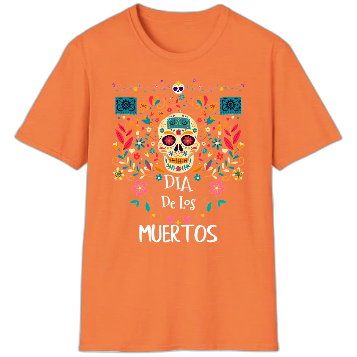 Vibrant Día de los Muertos Calavera Floral Design T-Shirt in Heather Orange