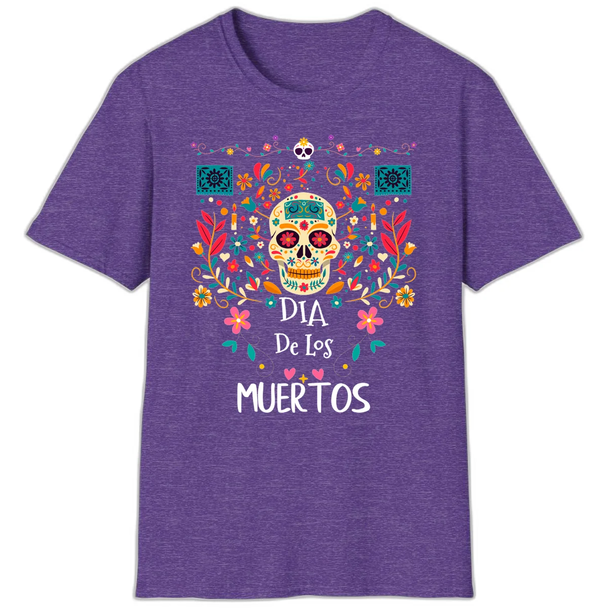 Vibrant Día de los Muertos Calavera Floral Design T-Shirt in Heather Purple