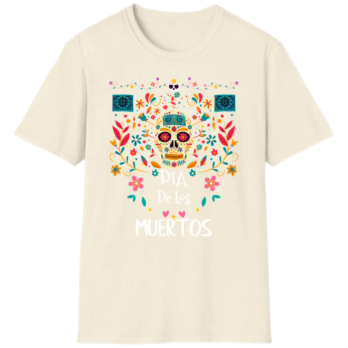 Vibrant Día de los Muertos Calavera Floral Design T-Shirt in Natural