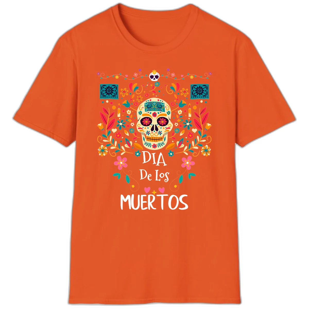 Vibrant Día de los Muertos Calavera Floral Design T-Shirt in Orange
