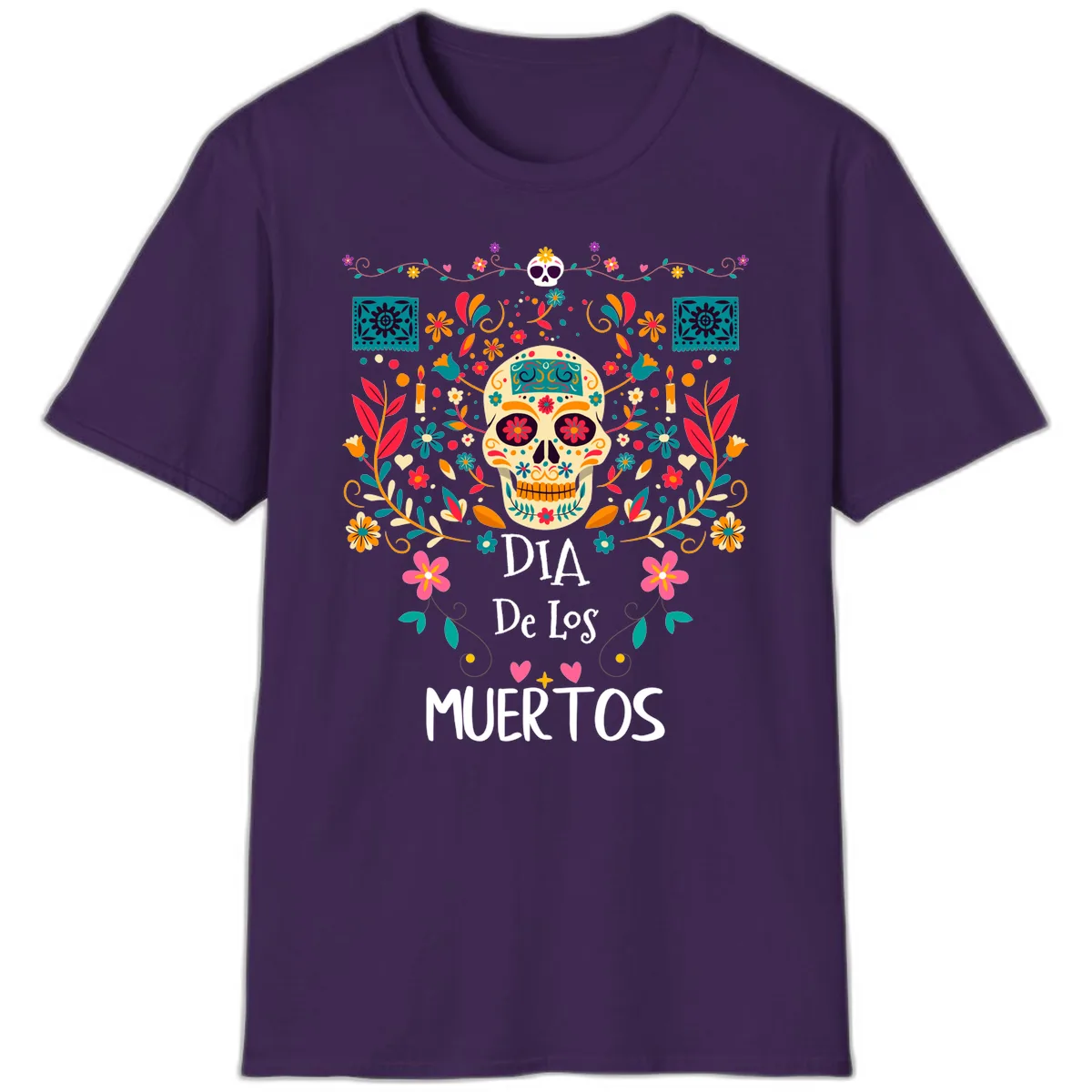 Vibrant Día de los Muertos Calavera Floral Design T-Shirt in Purple