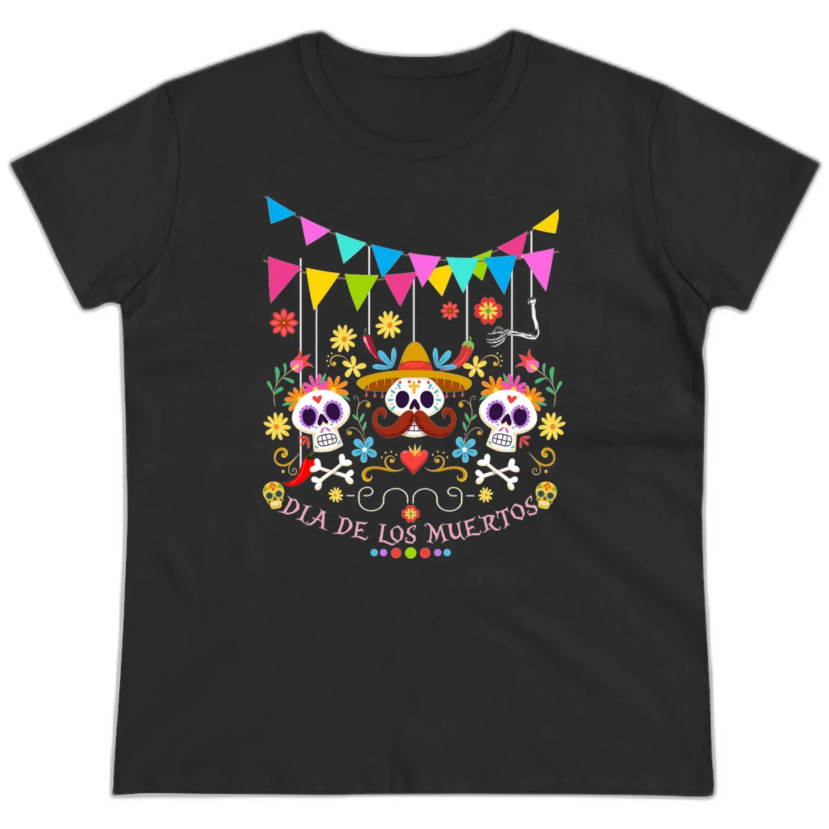 Vibrant Day Of The Dead Calavera Fiesta Ladies Tee in Black