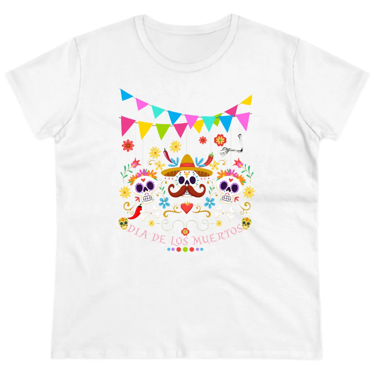 Vibrant Day Of The Dead Calavera Fiesta Ladies Tee in White