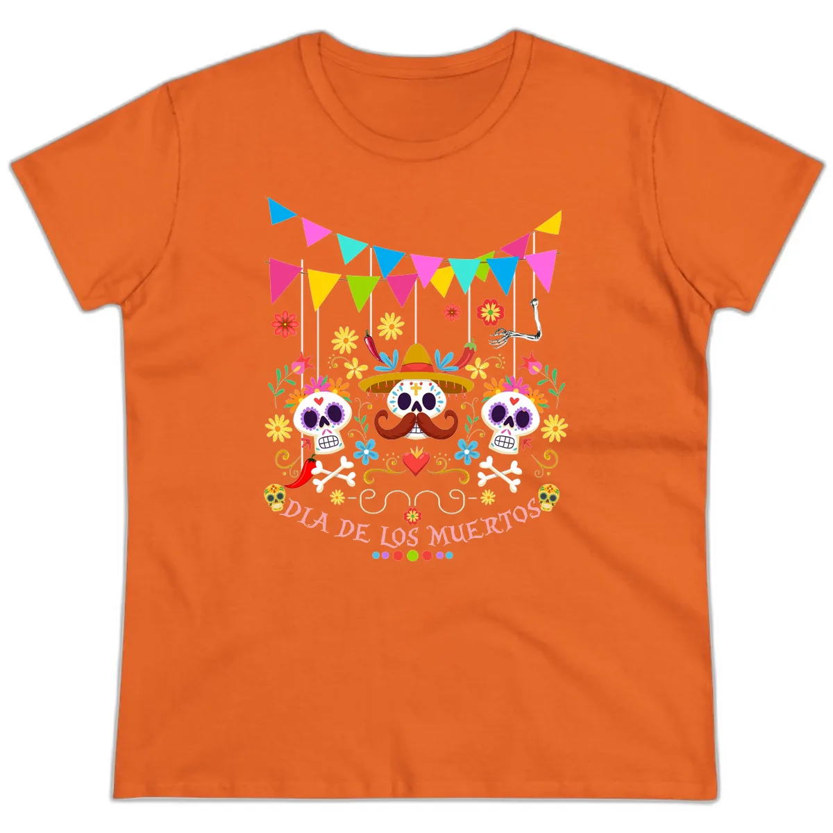 Vibrant Day Of The Dead Calavera Fiesta Ladies Tee in Orange