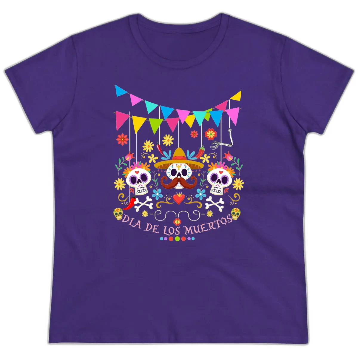 Vibrant Day Of The Dead Calavera Fiesta Ladies Tee in Purple