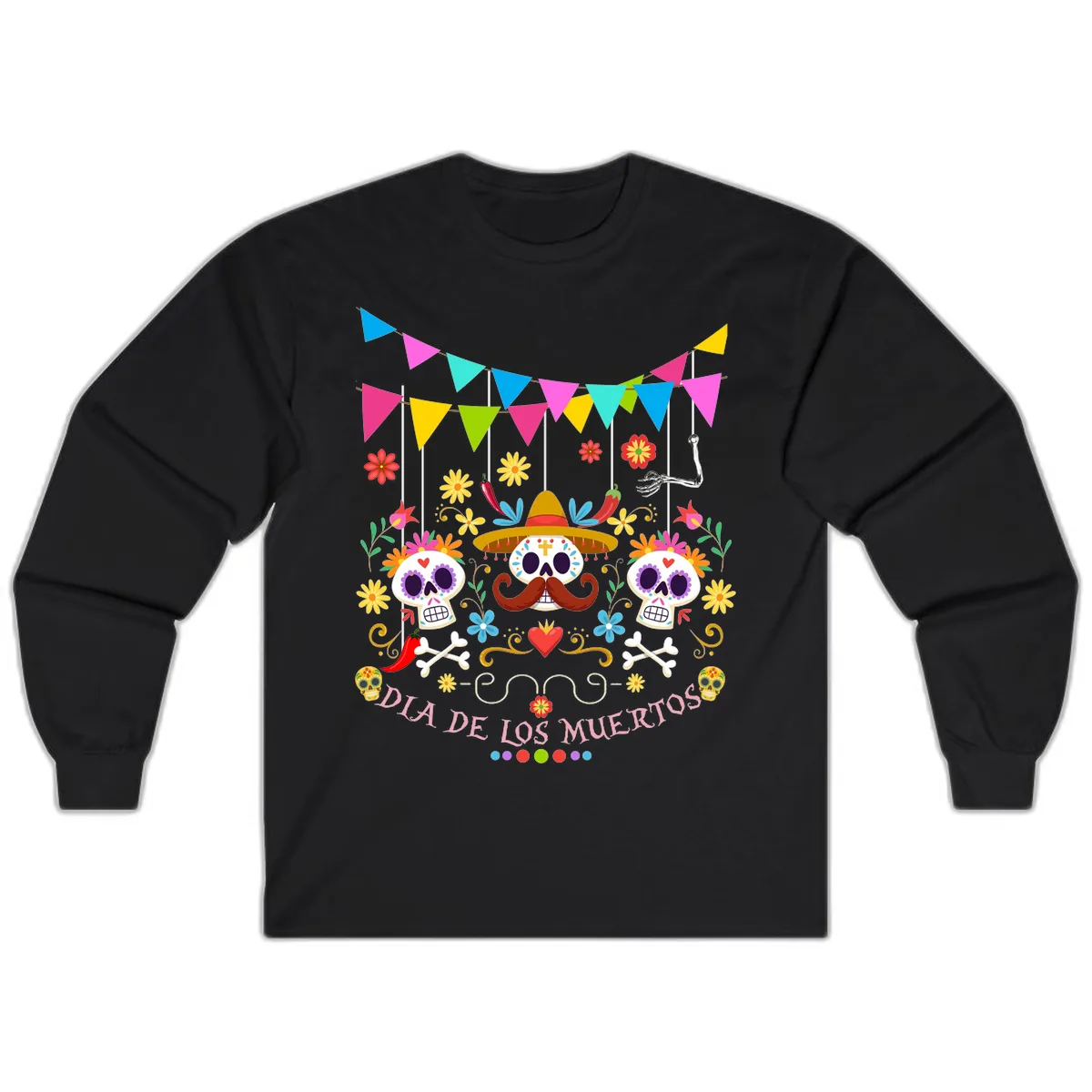 Vibrant Day Of The Dead Calavera Fiesta Long Sleeve in Black