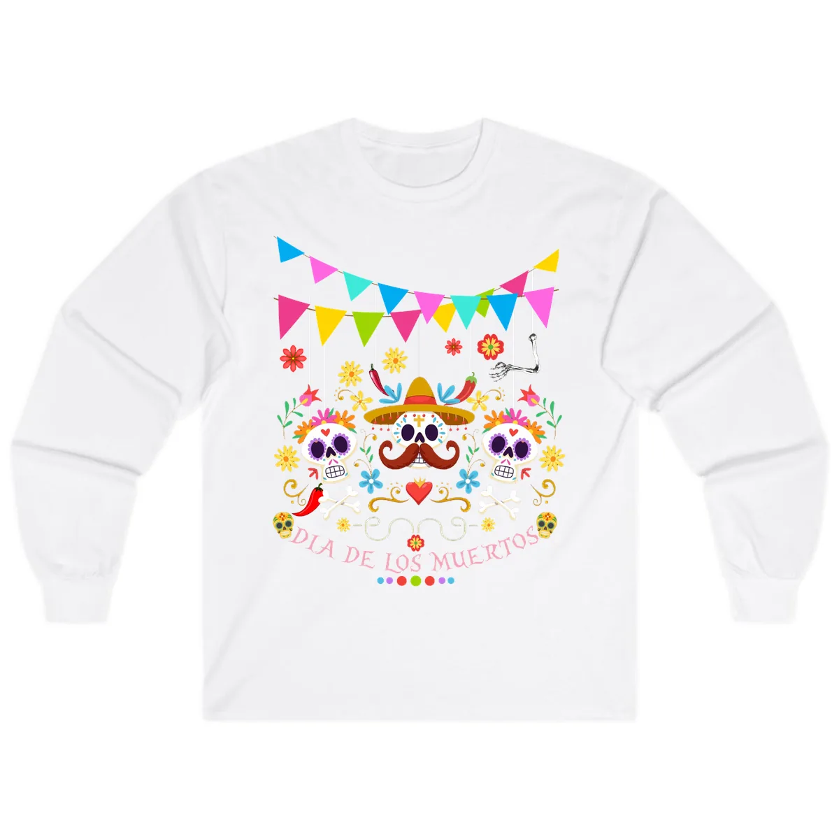 Vibrant Day Of The Dead Calavera Fiesta Long Sleeve in White