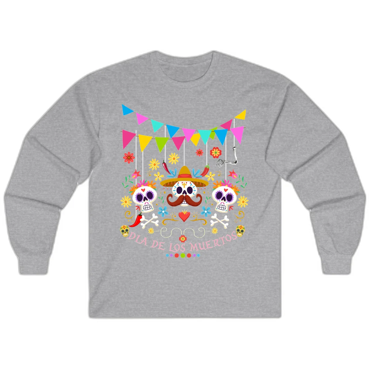 Vibrant Day Of The Dead Calavera Fiesta Long Sleeve in Sport Grey