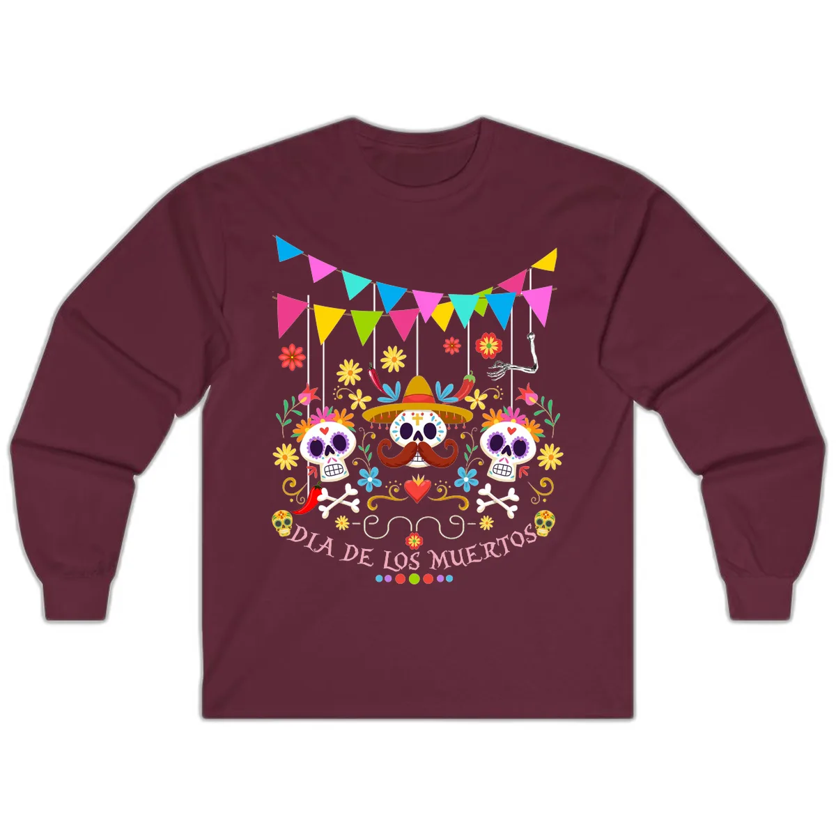 Vibrant Day Of The Dead Calavera Fiesta Long Sleeve in Maroon