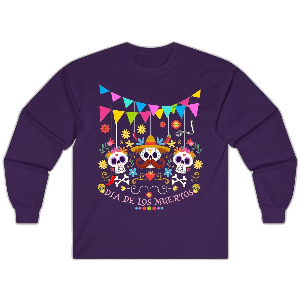 Vibrant Day Of The Dead Calavera Fiesta Long Sleeve in Purple