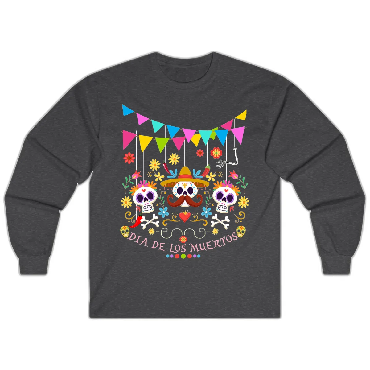 Vibrant Day Of The Dead Calavera Fiesta Long Sleeve in Dark Heather