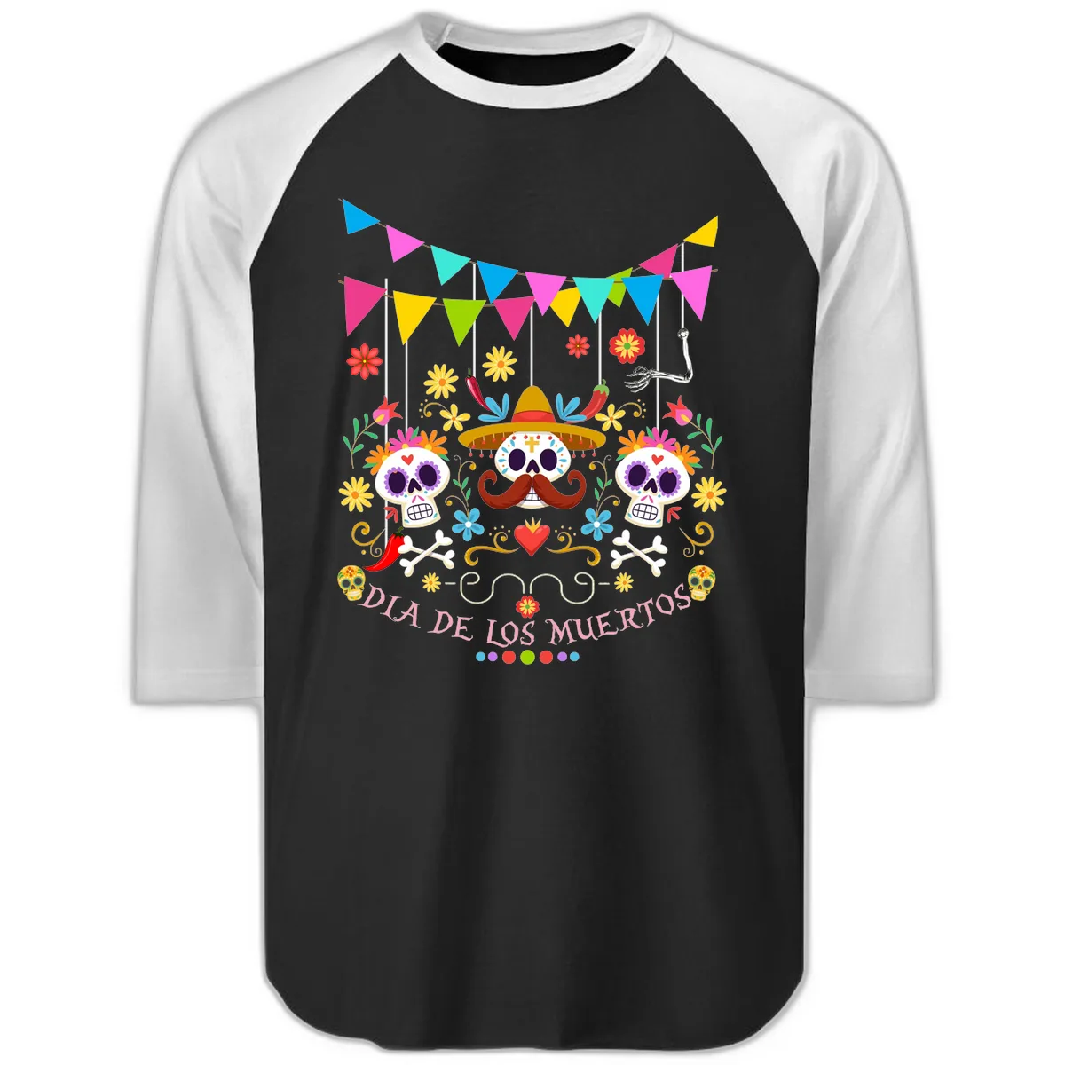 Vibrant Day Of The Dead Calavera Fiesta Raglan 3/4 in Black White