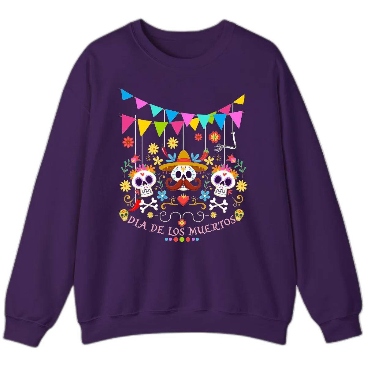 Vibrant Day Of The Dead Calavera Fiesta Sweatshirt in Purple