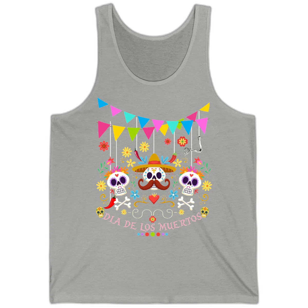Vibrant Day Of The Dead Calavera Fiesta Tank in Athletic Heather