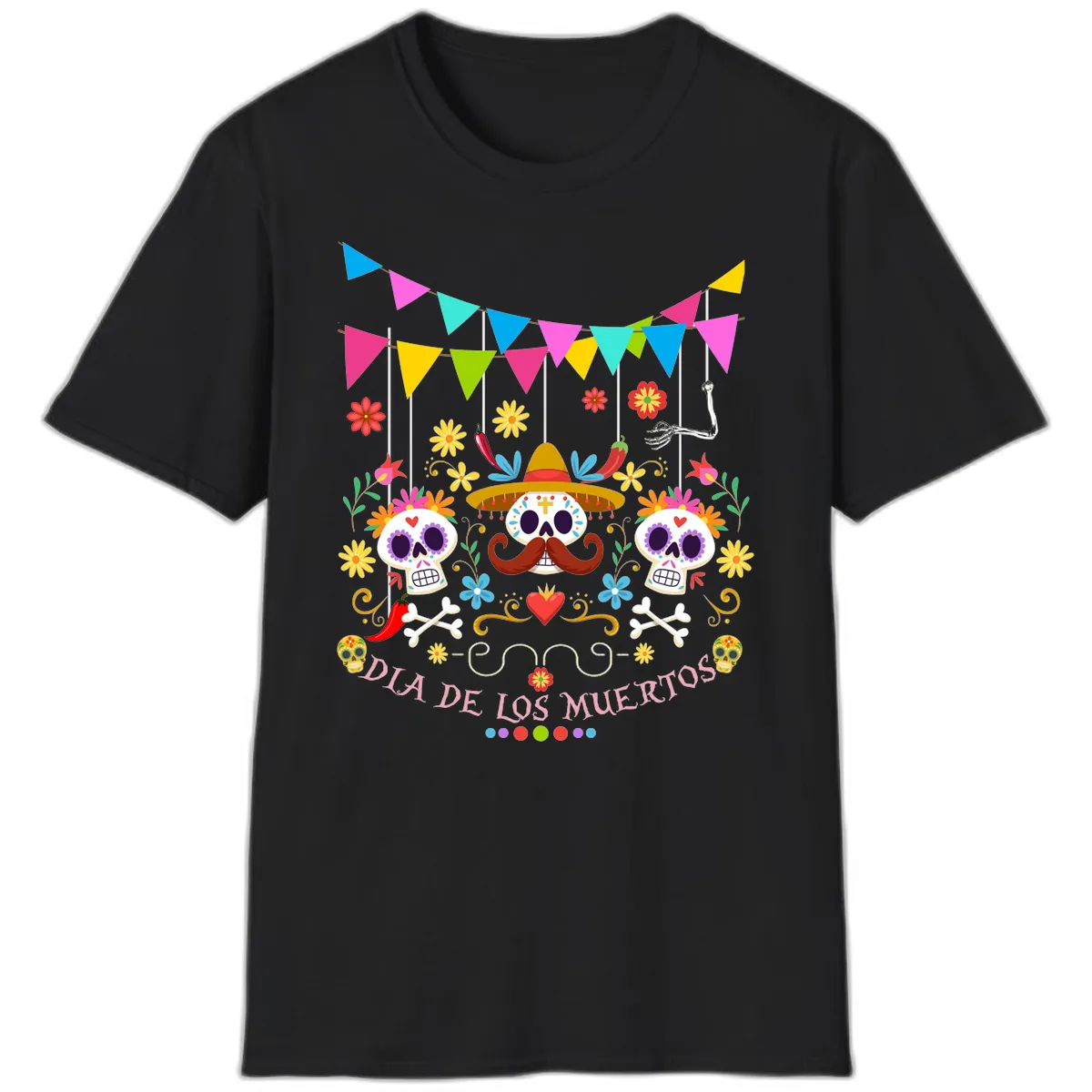 Vibrant Day Of The Dead Calavera Fiesta T-Shirt in Black