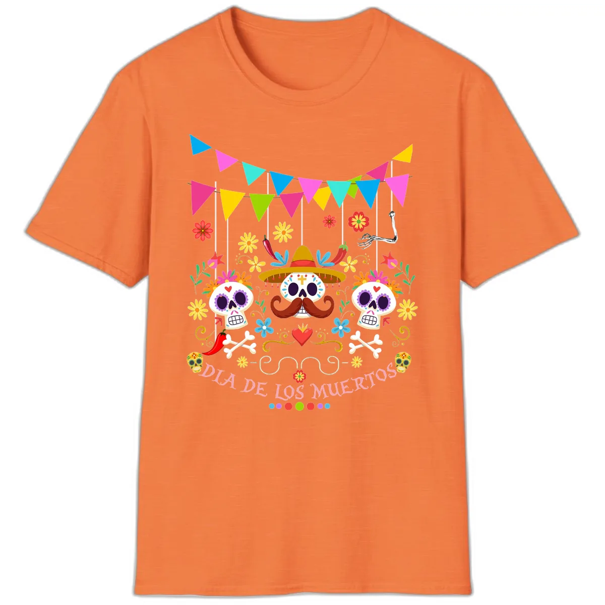 Vibrant Day Of The Dead Calavera Fiesta T-Shirt in Heather Orange