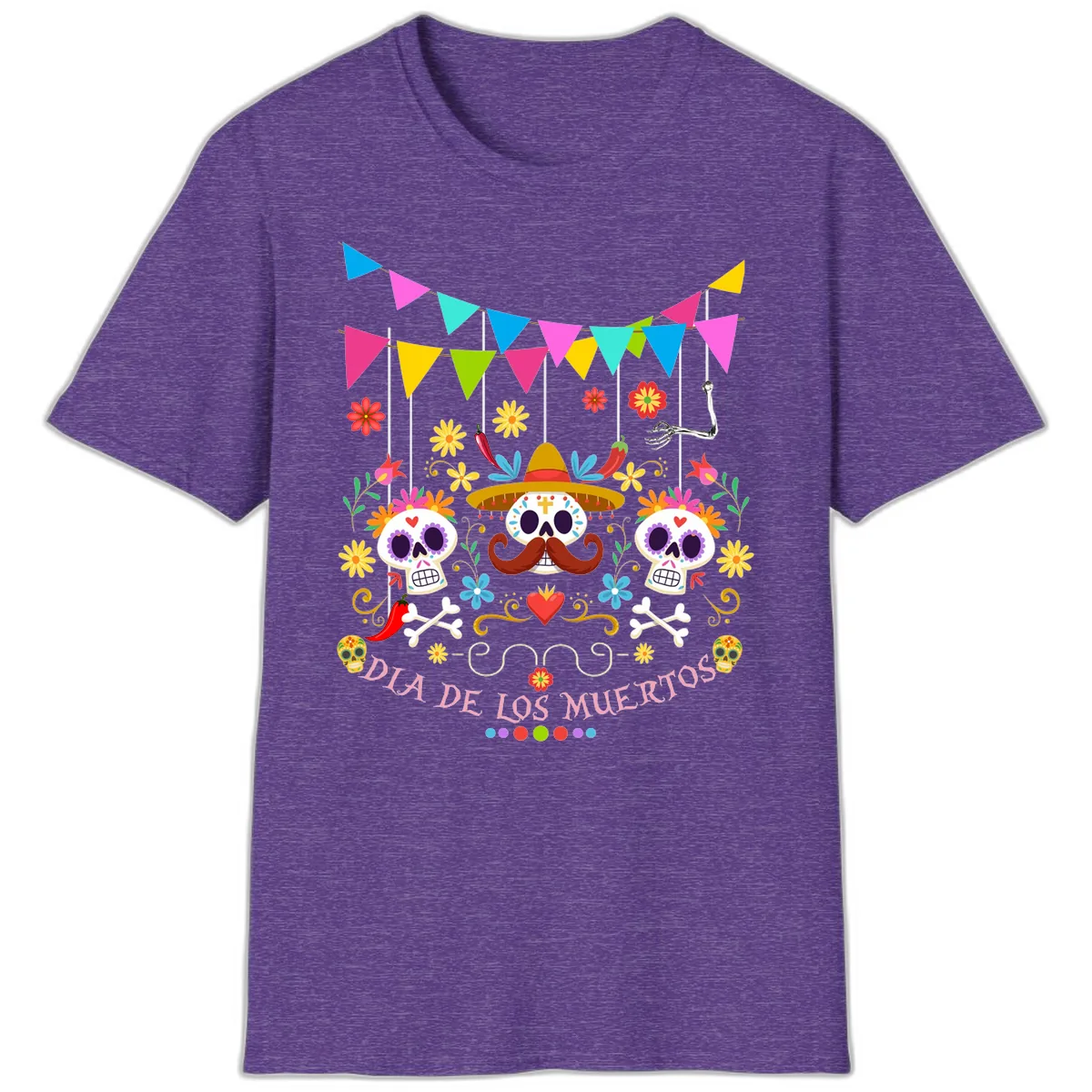Vibrant Day Of The Dead Calavera Fiesta T-Shirt in Heather Purple
