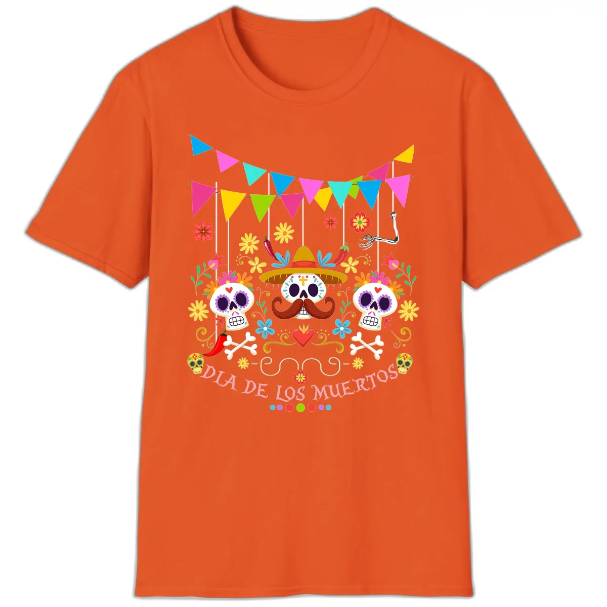 Vibrant Day Of The Dead Calavera Fiesta T-Shirt in Orange