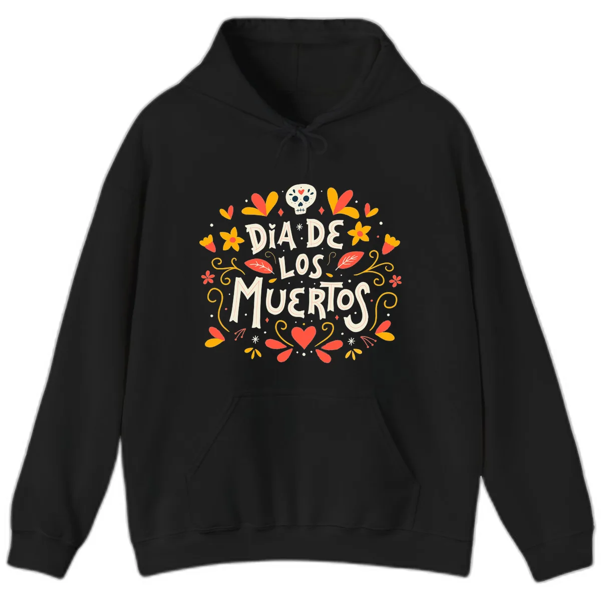 Día de los Muertos Skull and Floral Wreath Hoodie in Black