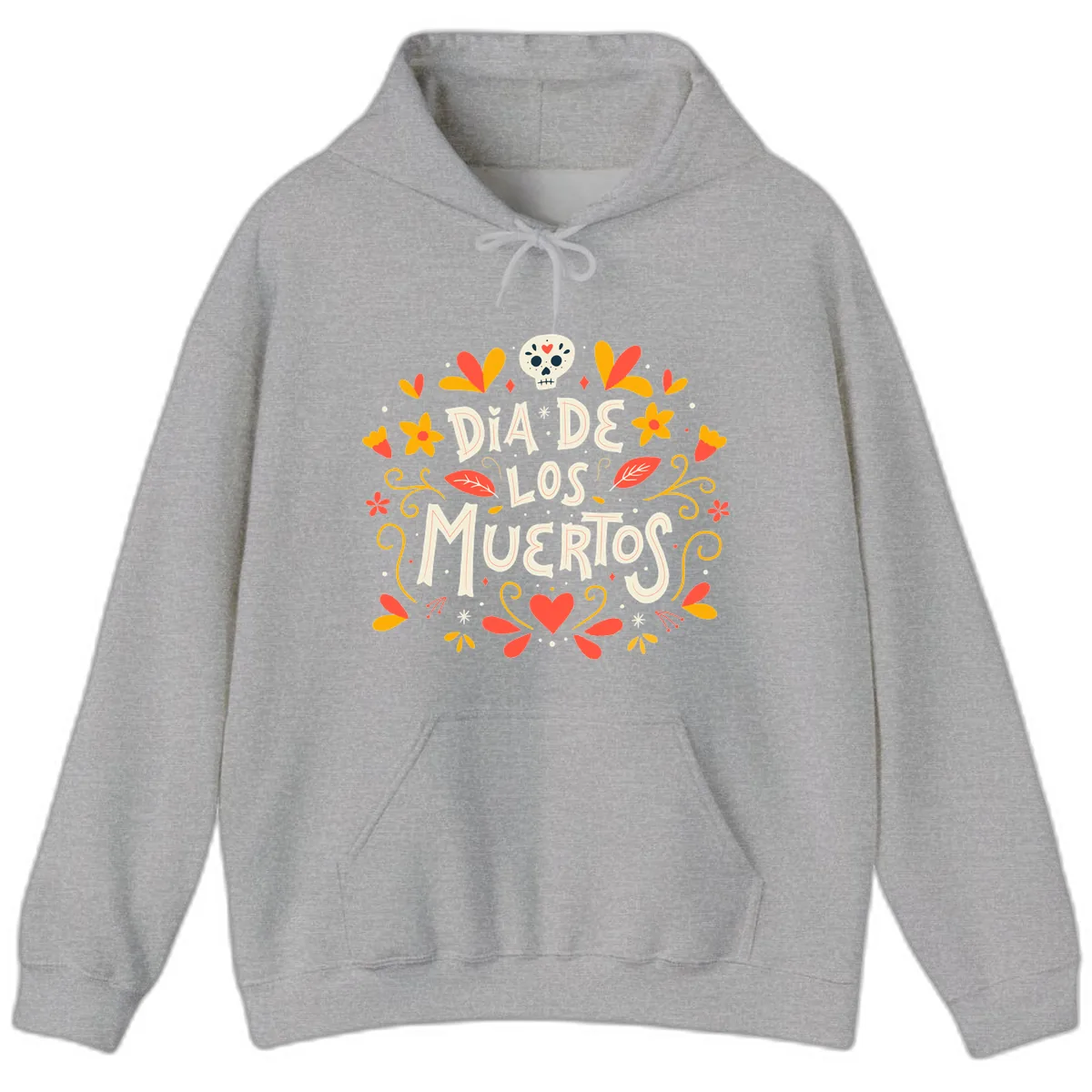 Día de los Muertos Skull and Floral Wreath Hoodie in Sport Grey