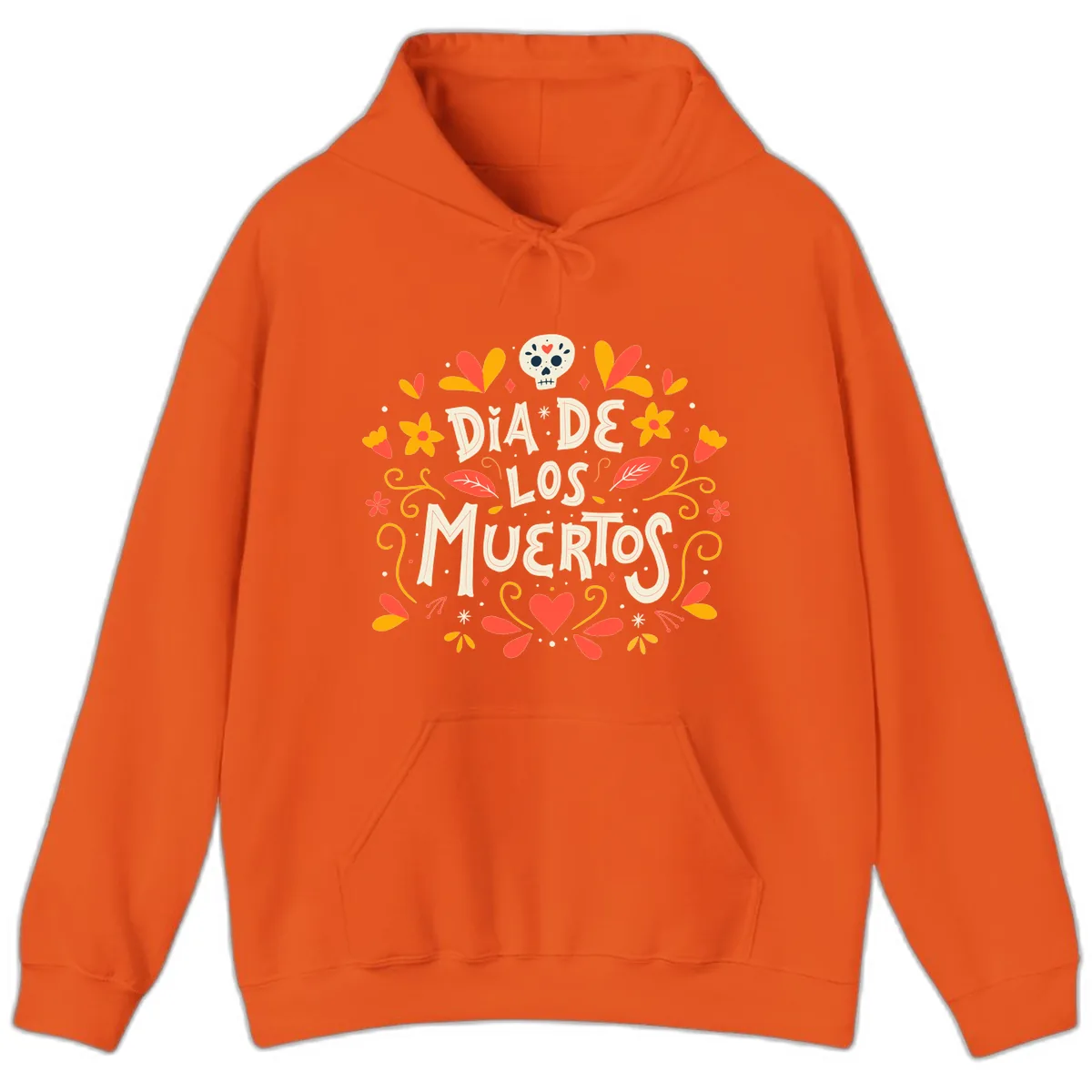 Día de los Muertos Skull and Floral Wreath Hoodie in Orange