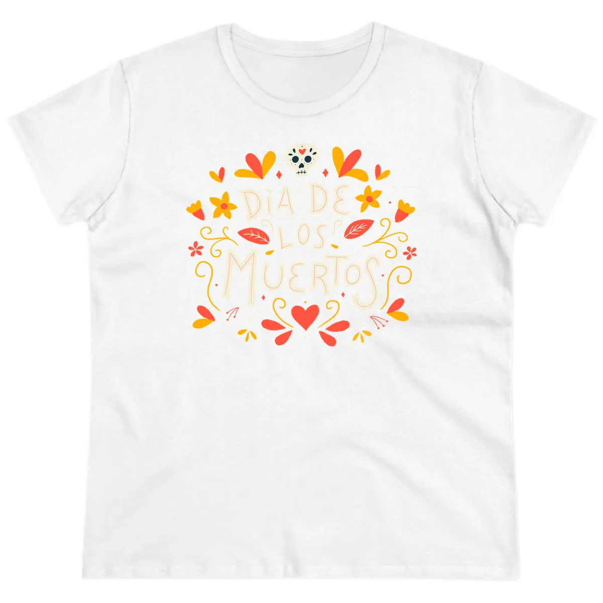 Día de los Muertos Skull and Floral Wreath Ladies Tee in White
