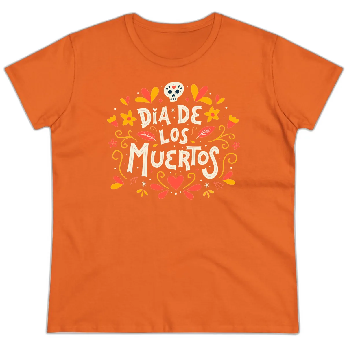 Día de los Muertos Skull and Floral Wreath Ladies Tee in Orange