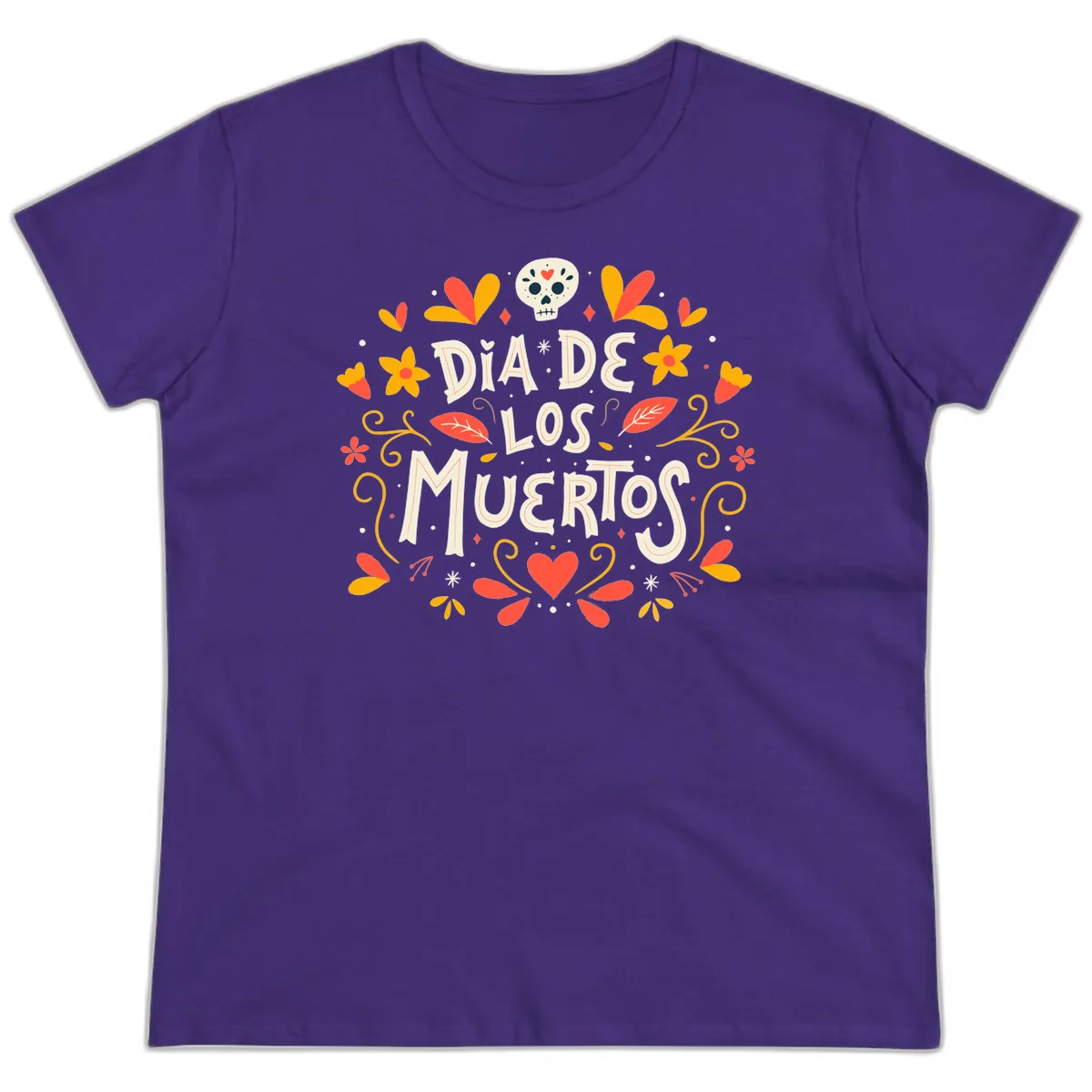 Día de los Muertos Skull and Floral Wreath Ladies Tee in Purple