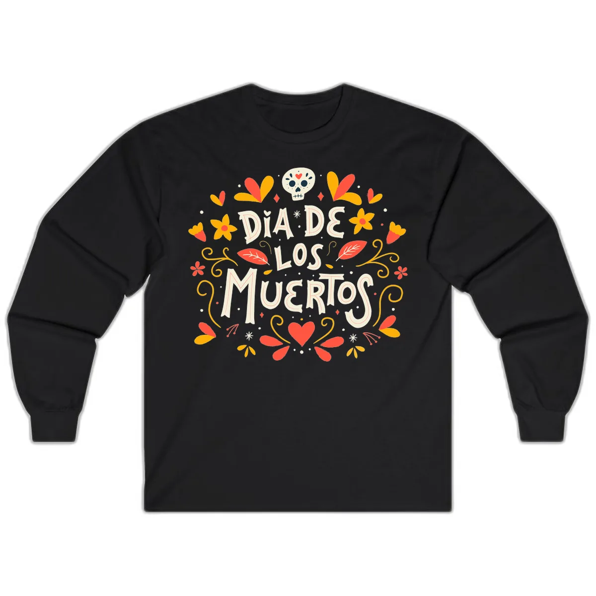 Día de los Muertos Skull and Floral Wreath Long Sleeve in Black