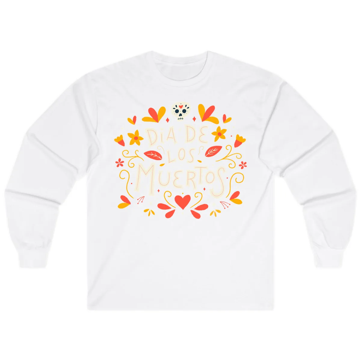 Día de los Muertos Skull and Floral Wreath Long Sleeve in White