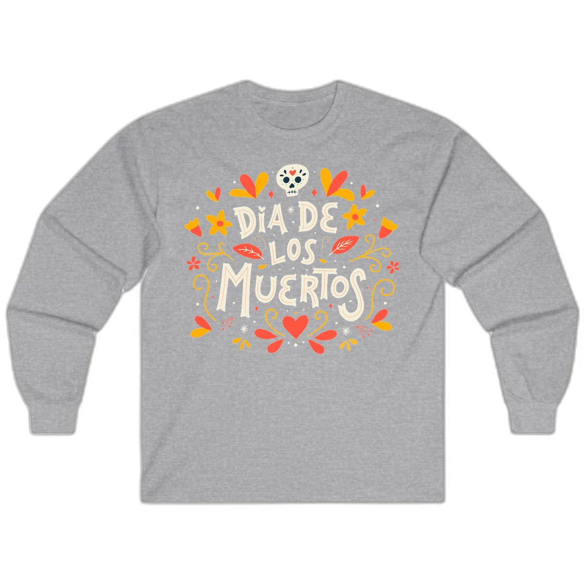 Día de los Muertos Skull and Floral Wreath Long Sleeve in Sport Grey