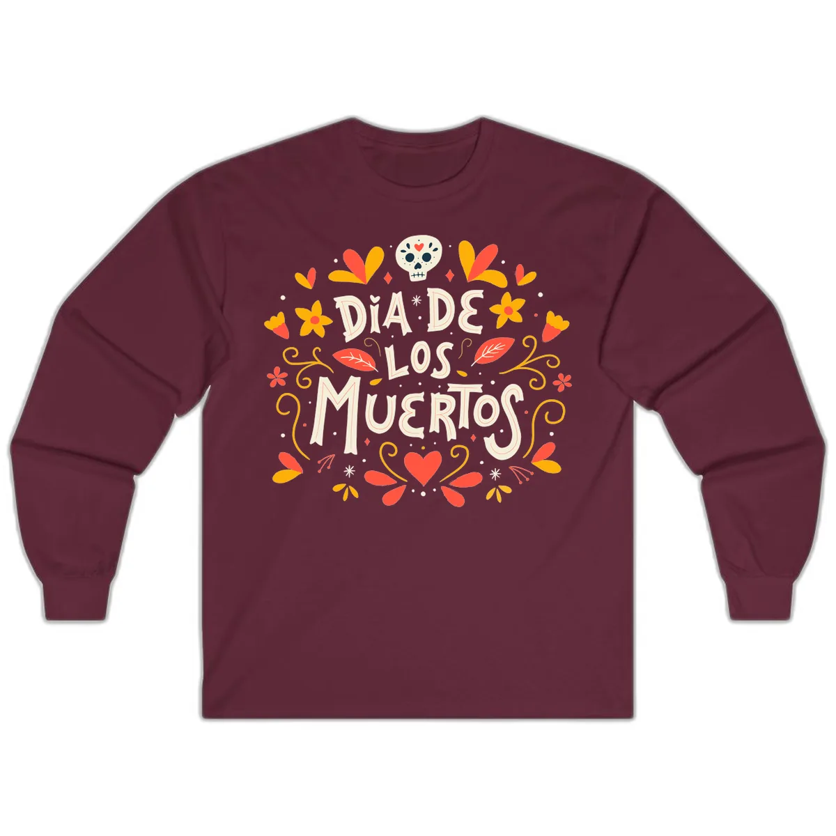 Día de los Muertos Skull and Floral Wreath Long Sleeve in Maroon