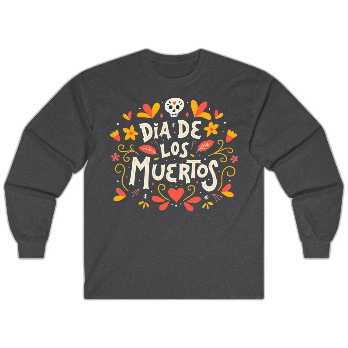 Día de los Muertos Skull and Floral Wreath Long Sleeve in Dark Heather